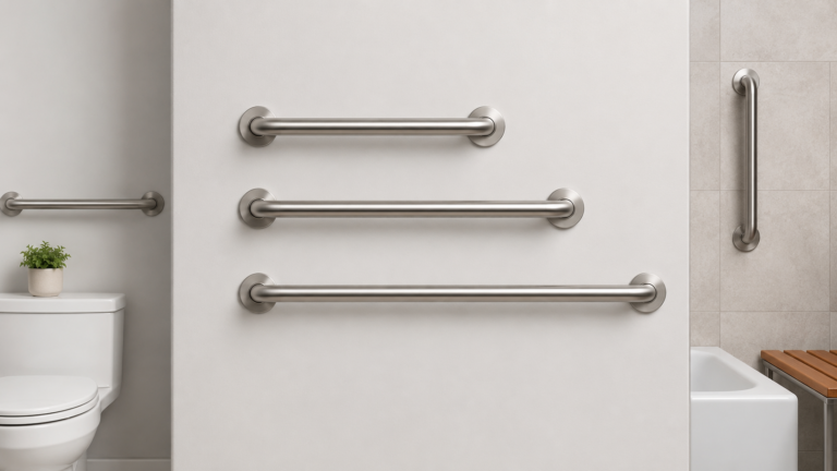 Long grab bar bathroom installation showing stainless steel grab bars in different lengths on a modern bathroom wall.