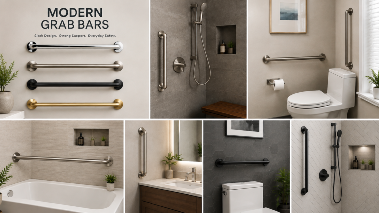 Modern grab bars in stylish bathroom settings, showing horizontal and vertical safety bars in chrome, brushed metal, black, and gold finishes.