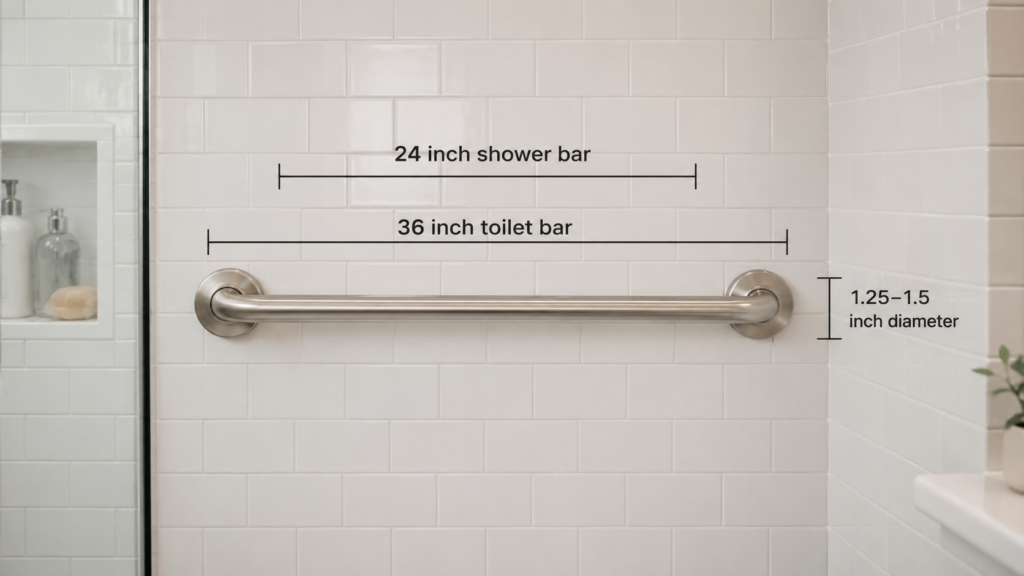 what size grab bar is best for a bathroom - sizing chart by location