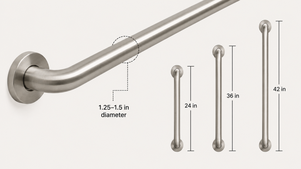 Grab bar diameter and length measurements for a bathroom safety rail