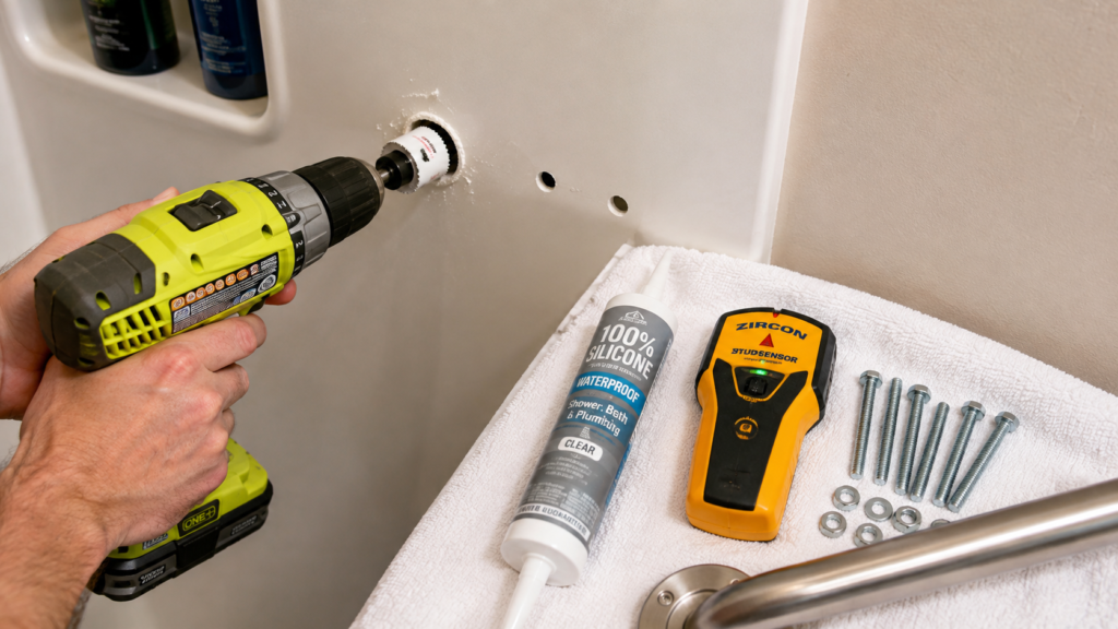 Grab bar for fiberglass shower installation using a 2-inch hole saw and waterproof sealant