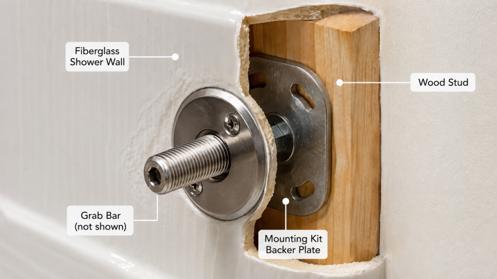 Grab bar for fiberglass shower mounting kit installed into wall stud