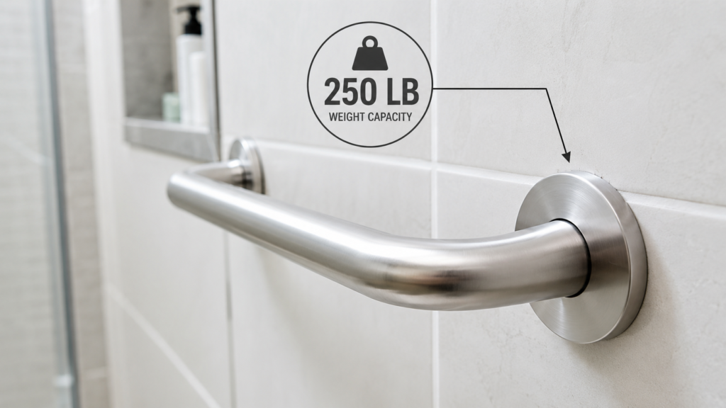Grab bar strength rated at 250 pounds shown mounted on a shower wall