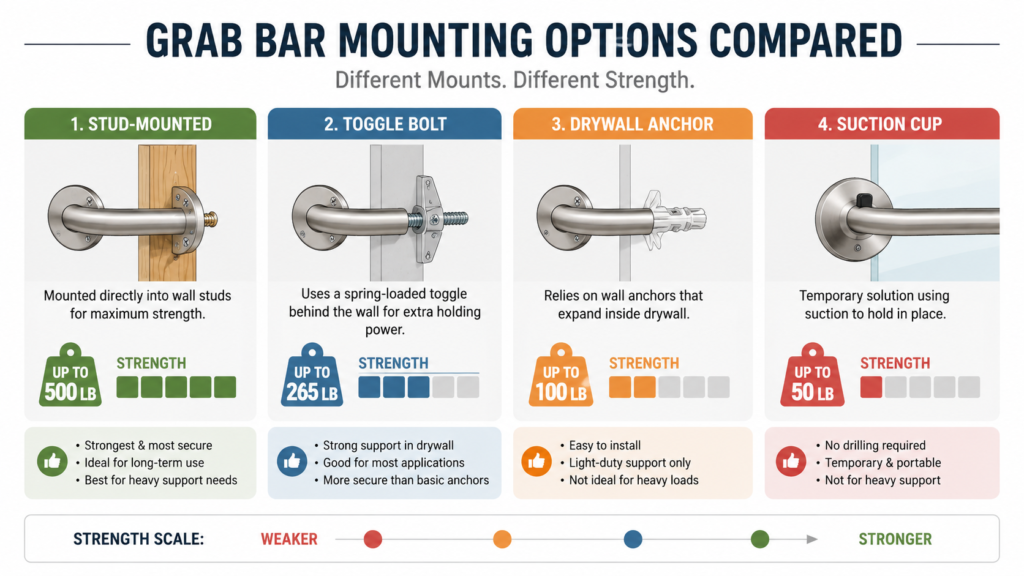 Grab bar strength comparison chart by mounting type: stud, toggle bolt, and suction