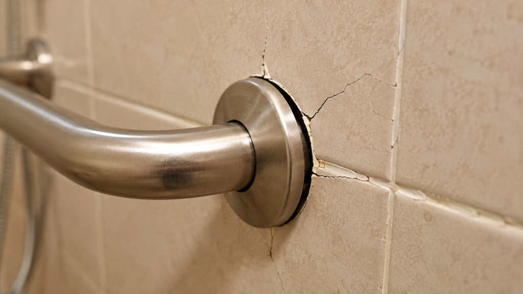 Grab bar strength failing at the mount, shown by cracked grout around the base