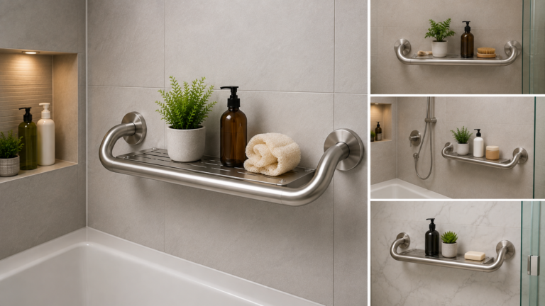 Modern grab bar with shelf installed in multiple bathroom spaces, featuring brushed stainless steel designs with integrated storage for toiletries and bath accessories.