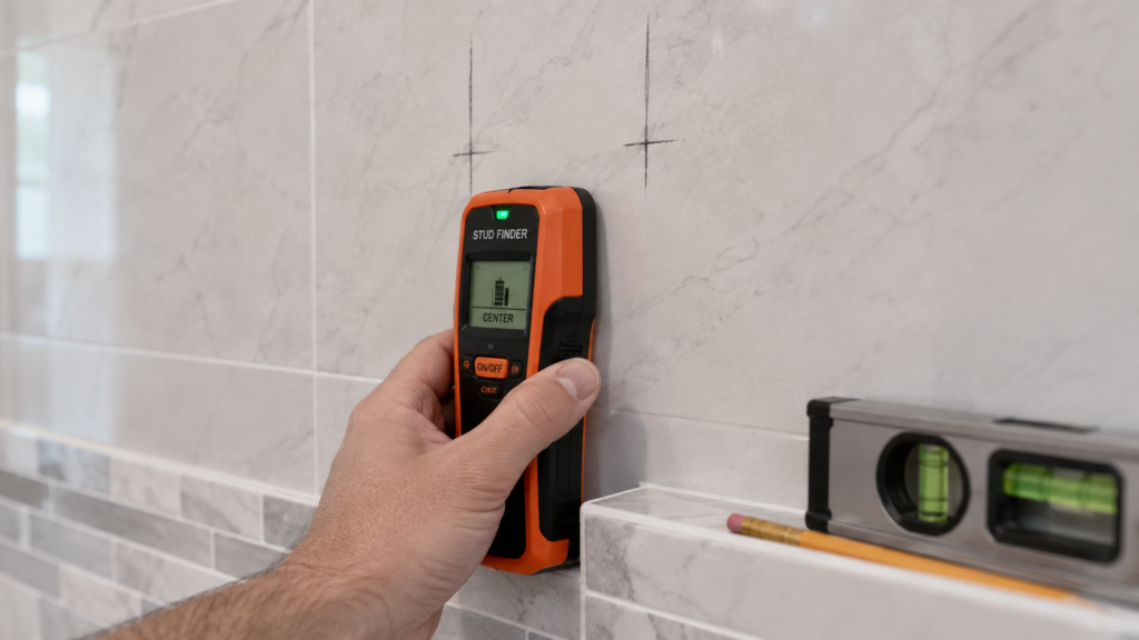 Marking studs before installing at the correct height of shower grab bar
