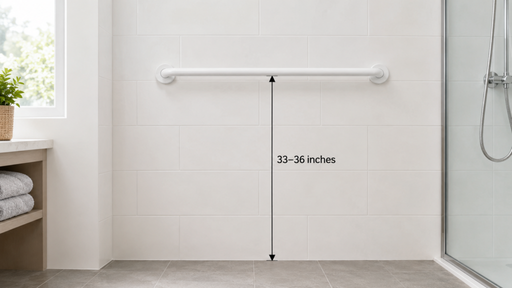 Height of shower grab bar measured from floor to top edge, 33 to 36 inches