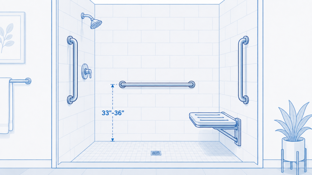 Position of grab bars in shower shown by zone — entry, back wall, and seat wall