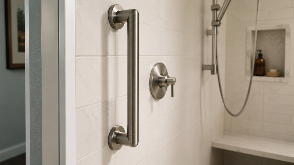 Position of grab bars in shower entry wall — vertical bar for stepping in safely