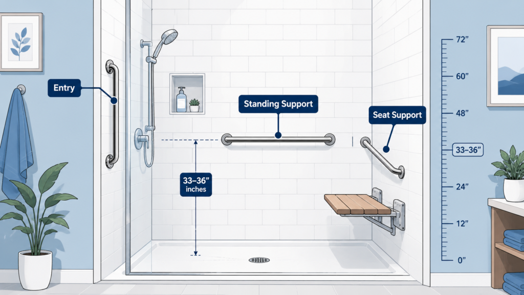 Shower grab bar placement diagram showing vertical, horizontal, and angled bar zones