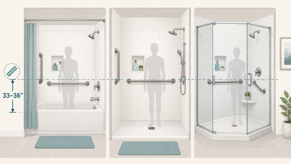 Shower grab bar placement height chart for tub, walk-in, and corner showers