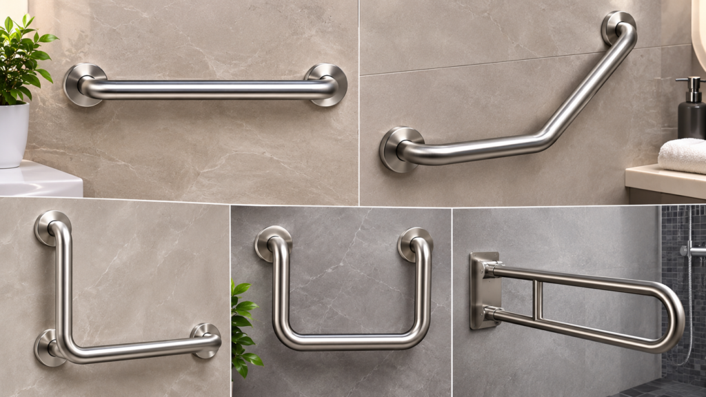 Stainless grab bar collection featuring straight, angled, L-shaped, U-shaped, and folding grab bars in a modern bathroom.