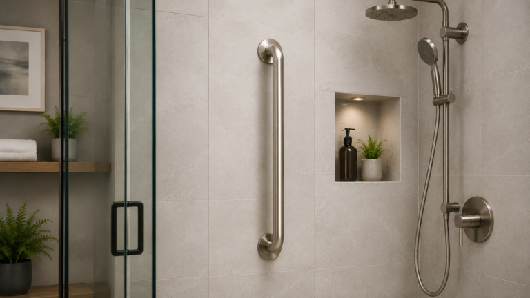 Vertical grab bar for shower installed on a modern tiled shower wall beside a handheld shower system, with stainless steel and multiple finish options.