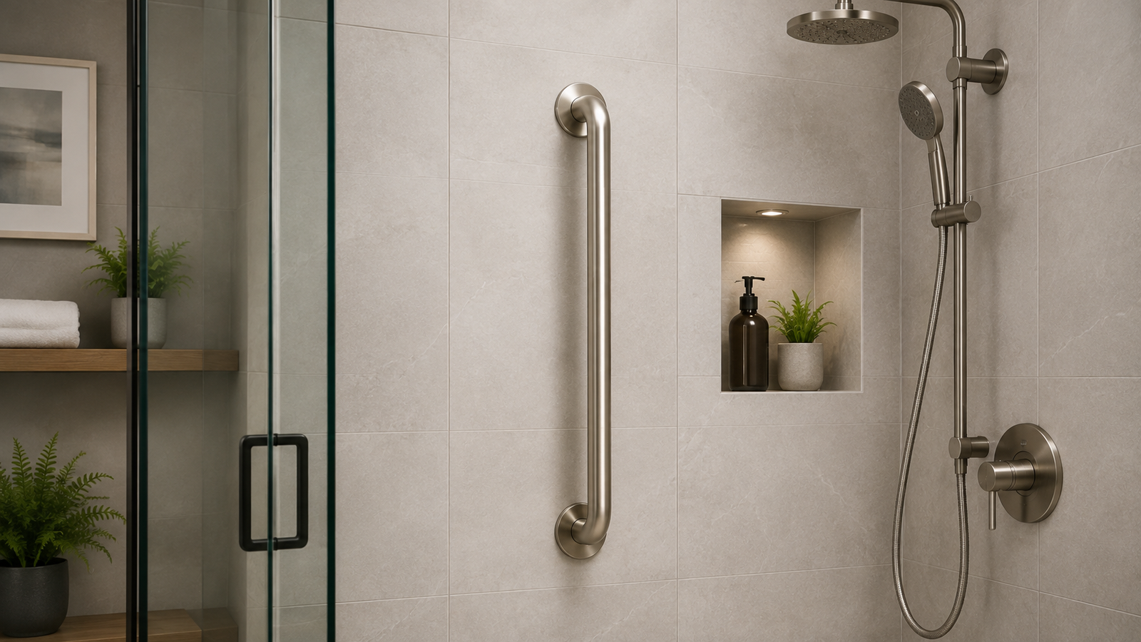 Vertical grab bar for shower installed on a modern tiled shower wall beside a handheld shower system, with stainless steel and multiple finish options.