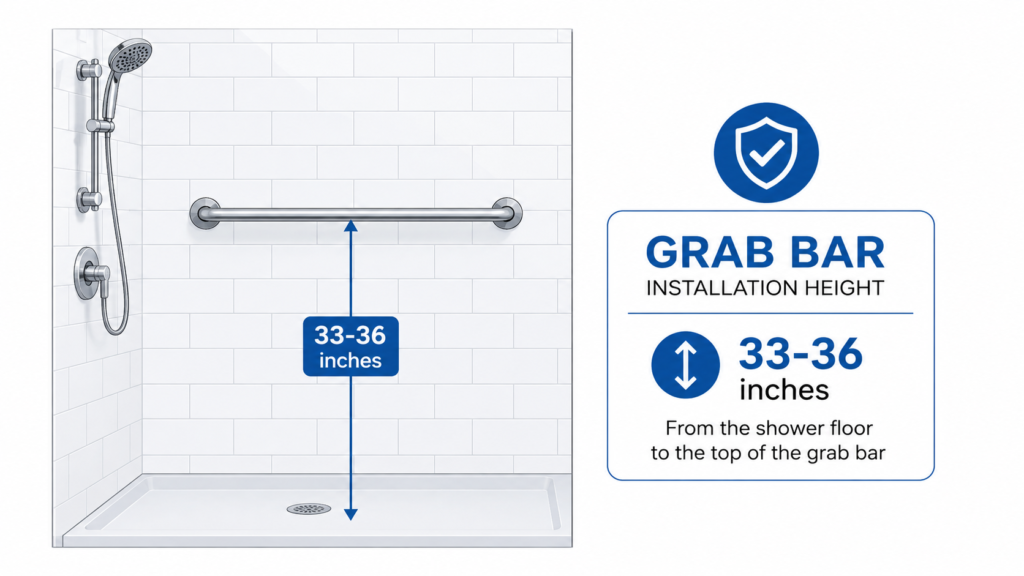 what height is a shower grab bar - ADA diagram showing 33 to 36 inches from floor
