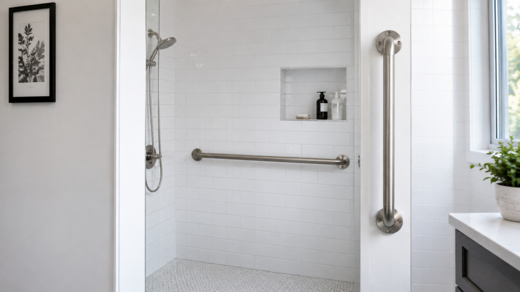 Where to put shower grab bars — vertical bar at entry and horizontal bar on shower wall