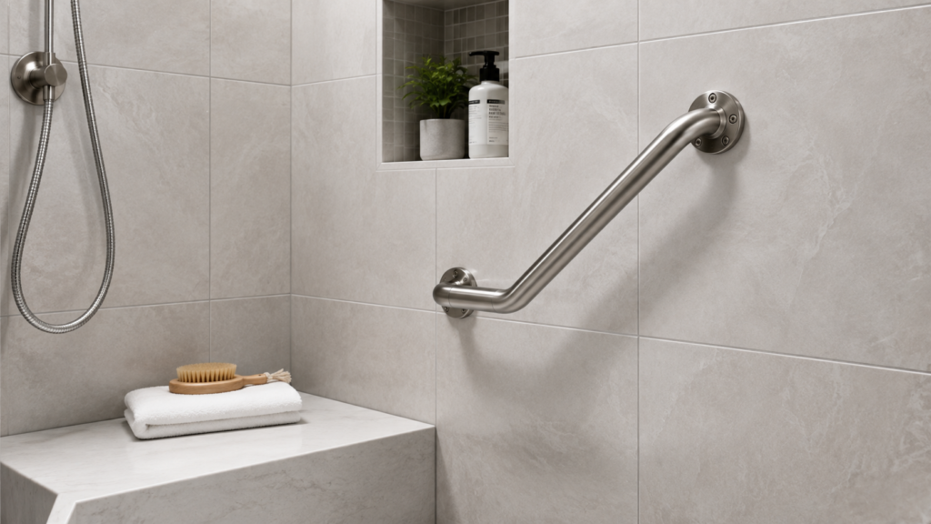 Where to put shower grab bars near a built-in seat at correct height