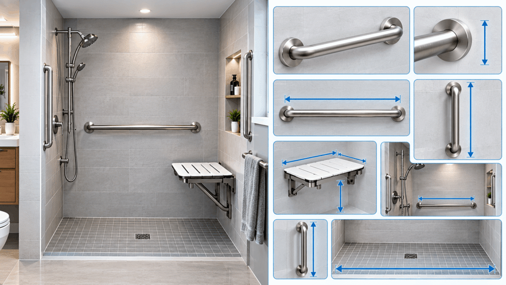 ADA Grab Bar Dimensions at a Glance showing grab bar placement, horizontal and vertical bars, mounting measurements, shower seat, and accessible bathroom layout.