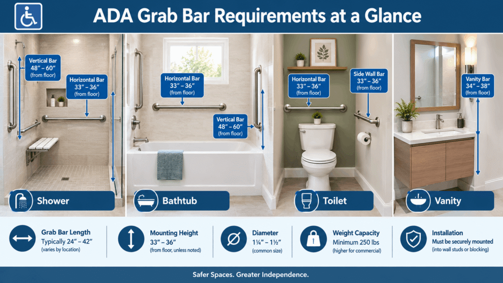 ADA Grab Bar Requirements at a Glance showing grab bar placement, mounting heights, lengths, diameter, and installation details.