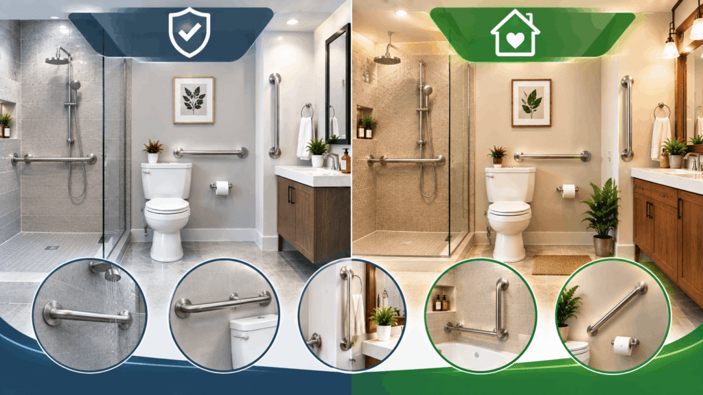 ADA Minimum vs. Best Practice for Home Safety showing bathroom grab bars and accessibility features in a side-by-side comparison.
