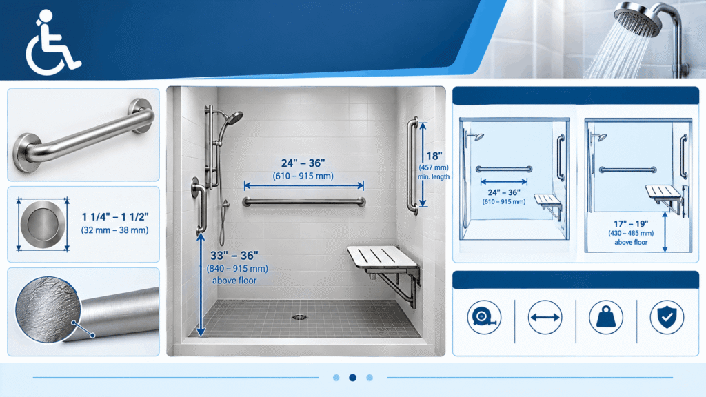 ADA shower grab bar requirements and layout showing grab bar dimensions, mounting heights, shower seat placement, and accessible shower configuration.
