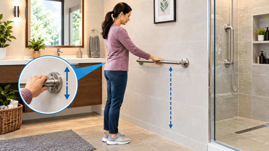 Adjusting height for the actual person using it, showing a woman using a bathroom grab bar at a comfortable height in a modern shower area.