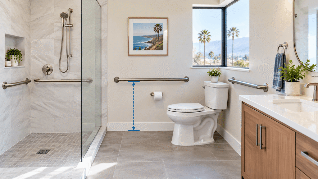 Are Grab Bar Heights Different in California? Accessible bathroom with strategically placed grab bars and a height measurement indicator.