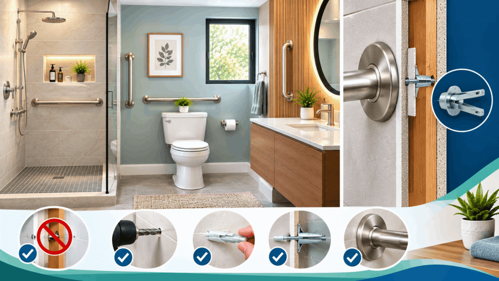 Can You Install Grab Bars Without Wall Blocking? Showing grab bars secured with specialized anchors in a modern bathroom.