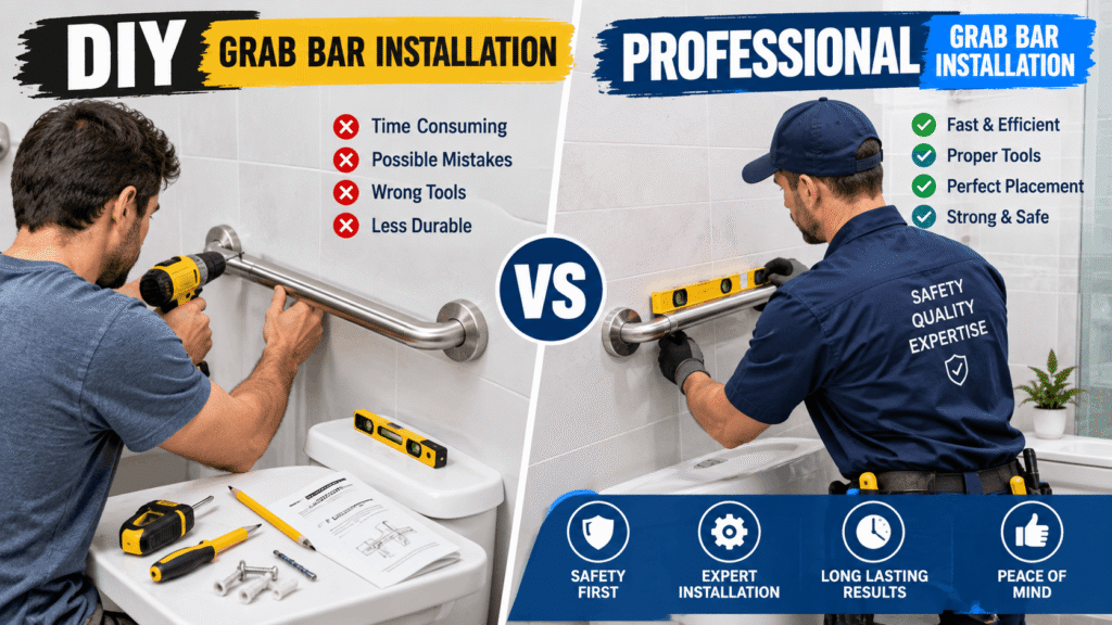 DIY vs. Professional Grab Bar Installation showing a homeowner installing a bathroom grab bar and a professional installer using proper tools for a secure, safe installation.
