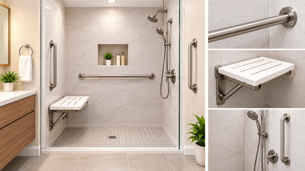 Walk-in shower kit with a seat and stainless steel grab bars in an accessible bathroom.