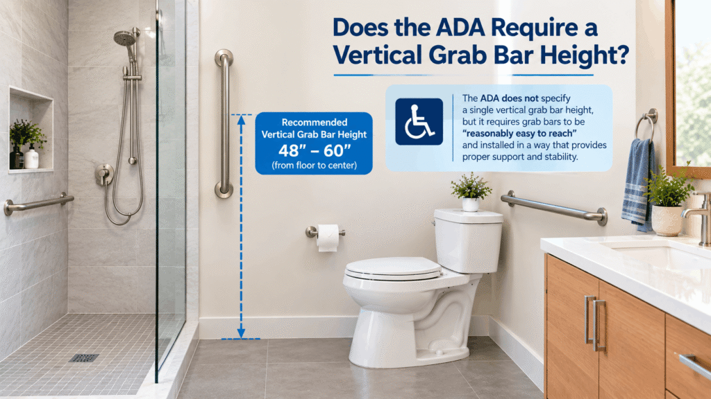 Does the ADA require a vertical grab bar height? Accessible bathroom showing a vertical grab bar with a height measurement.