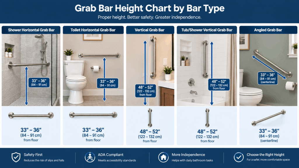 Grab Bar Height Chart by Bar Type showing recommended heights for shower, toilet, vertical, tub, and angled grab bars.
