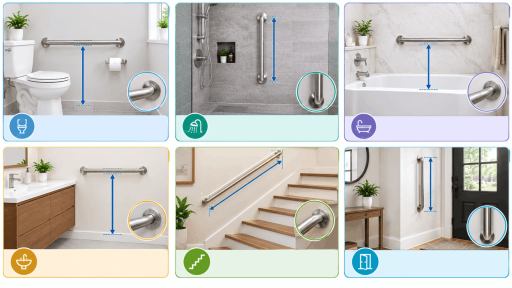 Grab Bar Height Chart by Fixture showing grab bar placement for toilets, showers, bathtubs, sinks, stairs, and entryways.