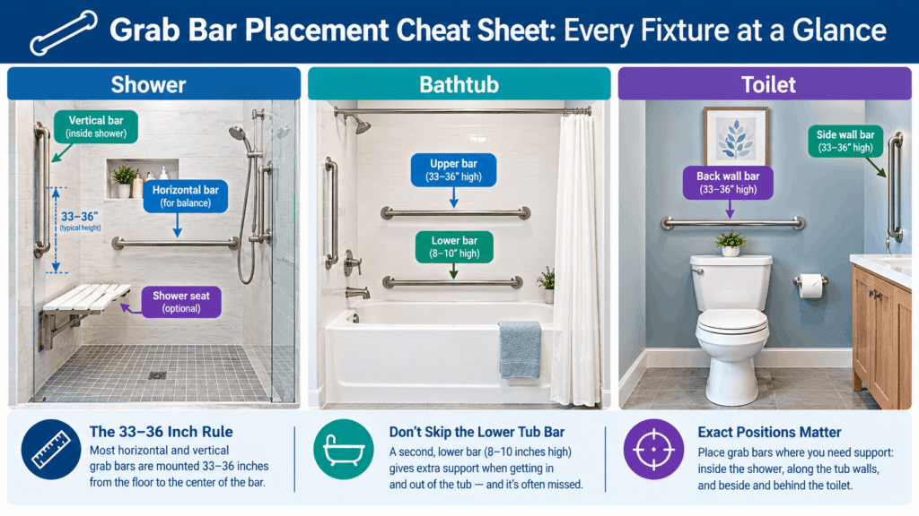 Grab Bar Placement Cheat Sheet showing grab bar placement for shower, bathtub, and toilet fixtures.