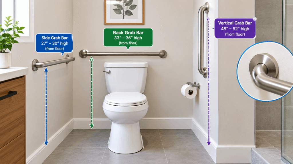 Grab bar placement near the toilet showing side and rear support bars