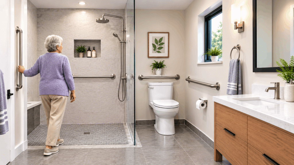 Grab bar placement for elderly users in a modern walk-in bathroom with vertical and horizontal support bars.