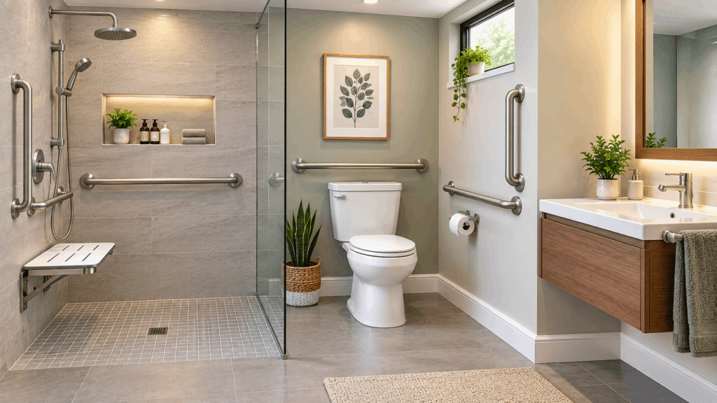 Grab bar placement for elderly or limited-mobility users in an accessible bathroom