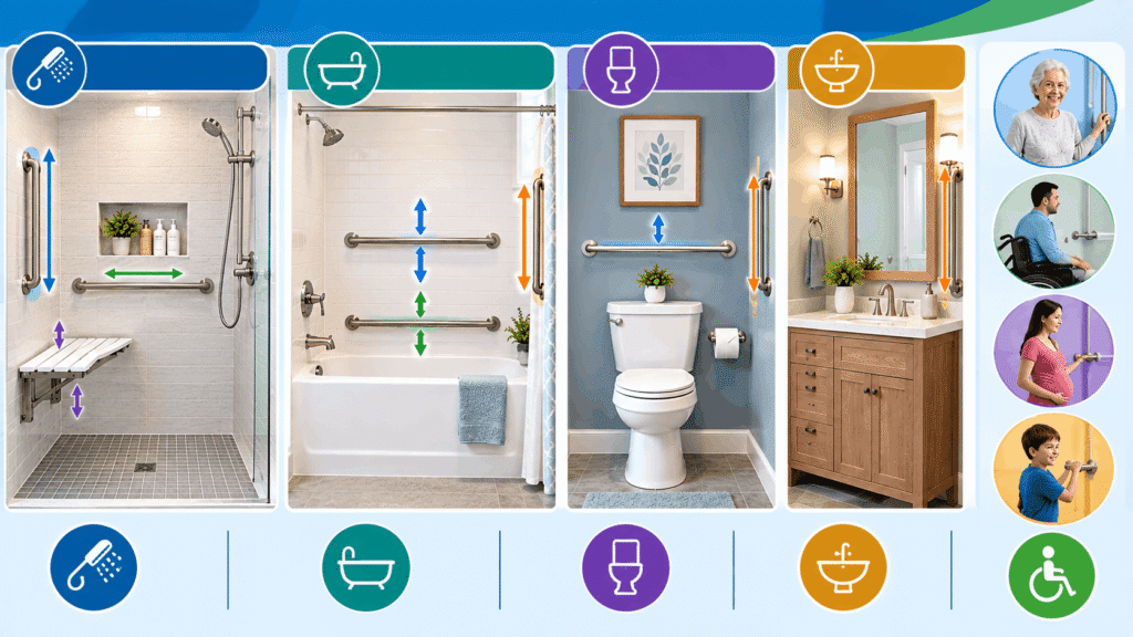 Grab Bar Placement for Seniors and Different Users in shower, bathtub, toilet, and vanity areas.