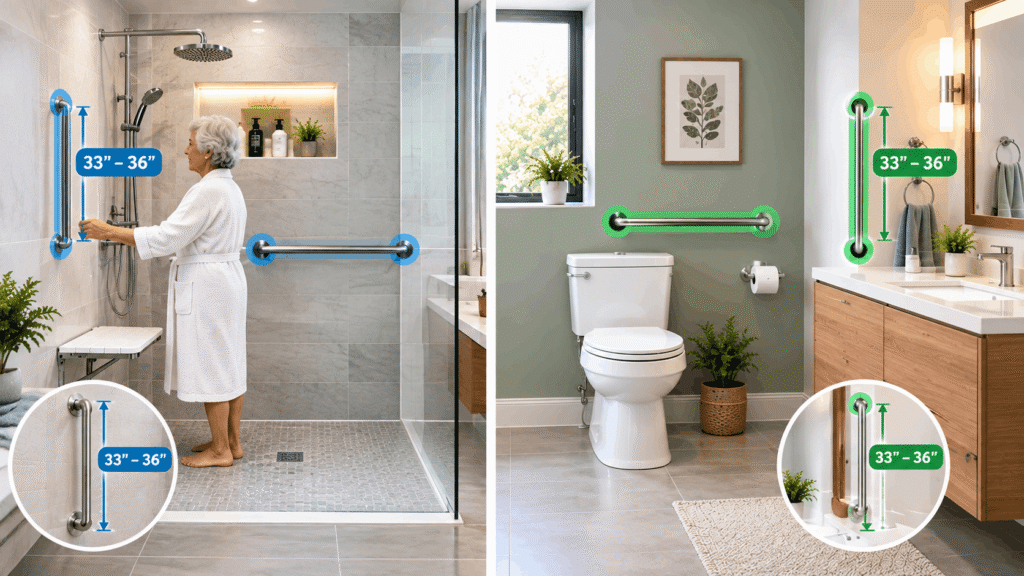 How High Should a Grab Bar Be for an Elderly Person? Showing proper grab bar height in an accessible bathroom.