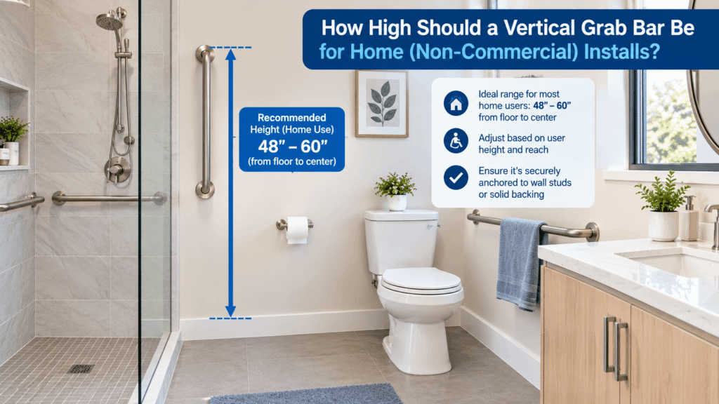 How High Should a Vertical Grab Bar Be for Home (Non-Commercial) Installs? Bathroom showing a vertical grab bar with a 48–60 inch height measurement.