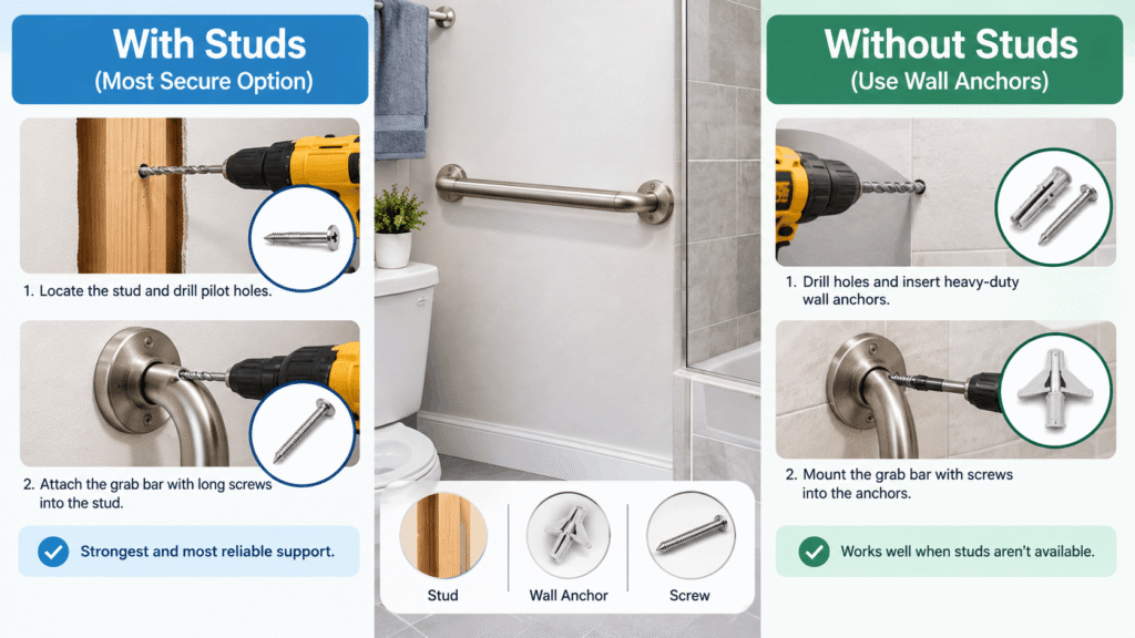 How to Anchor a Grab Bar (Studs vs. No Studs) showing secure stud mounting and wall-anchor installation methods.