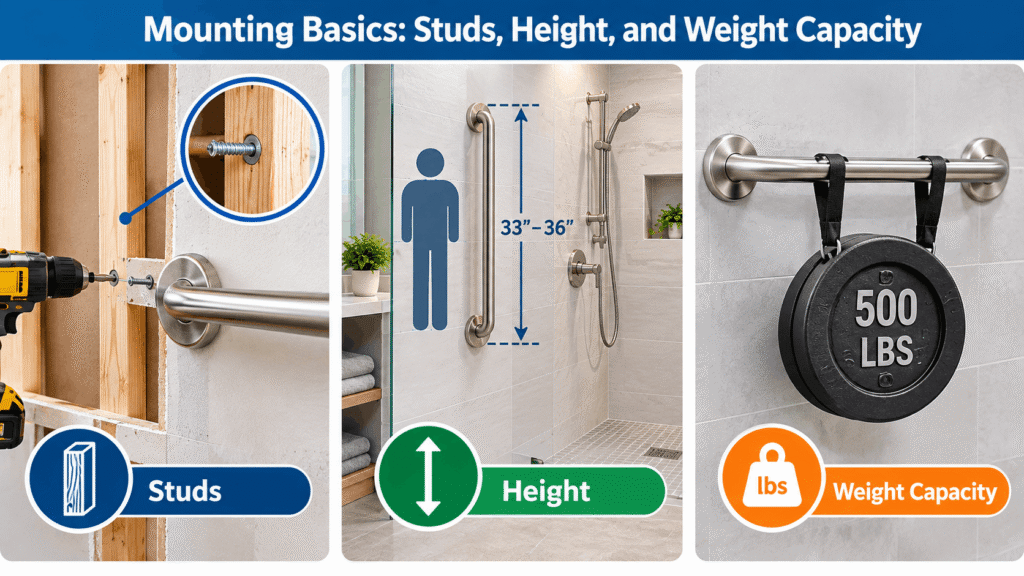 Mounting Basics: Studs, Height, and Weight Capacity for bathroom grab bars