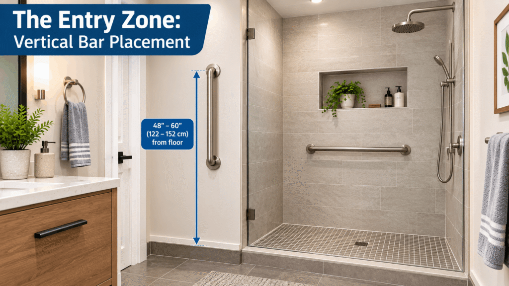 The Entry Zone: Vertical Bar Placement showing a vertical grab bar beside a walk-in shower entrance.
