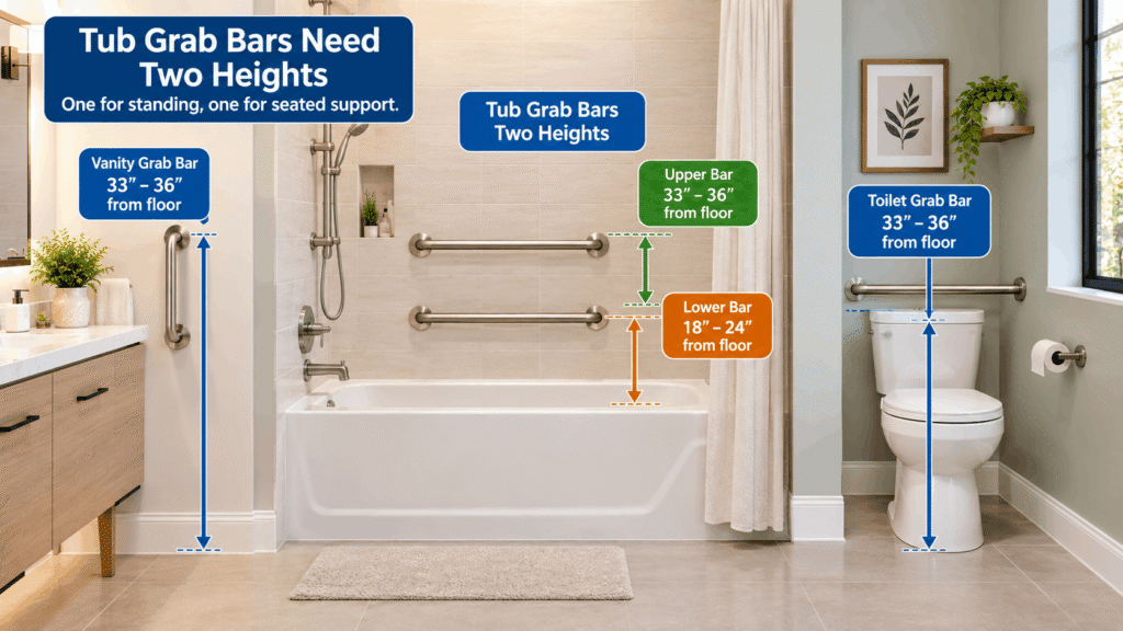 Tub grab bars need two heights, not one, showing upper and lower grab bars for standing and seated support.
