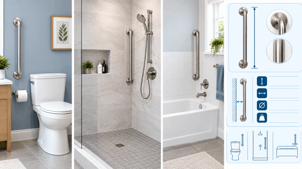 Vertical Grab Bar Location & Spec Reference showing grab bar placement beside a toilet, inside a shower, and next to a bathtub.