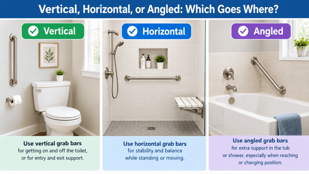 Vertical, Horizontal, or Angled: Which Goes Where? Bathroom grab bar placement guide