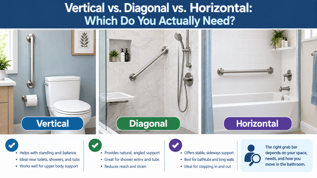 Vertical vs. Diagonal vs. Horizontal grab bars shown in bathroom toilet, shower, and bathtub locations.