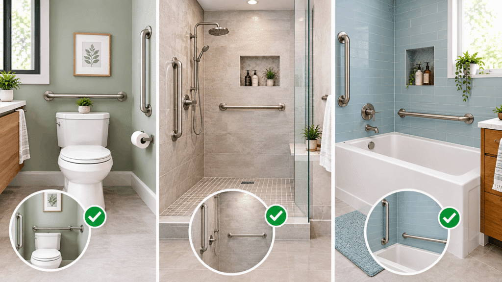 Vertical vs. horizontal grab bars in a modern bathroom showing placement beside the toilet, in the shower, and near the bathtub