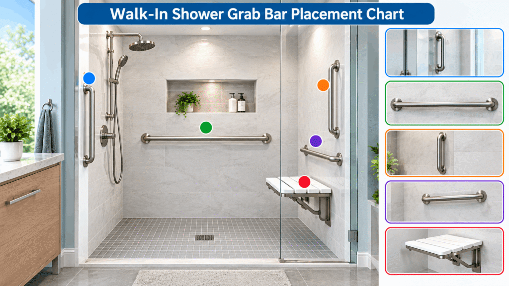 Walk-In Shower Grab Bar Placement Chart showing horizontal and vertical grab bars with a fold-down shower seat.